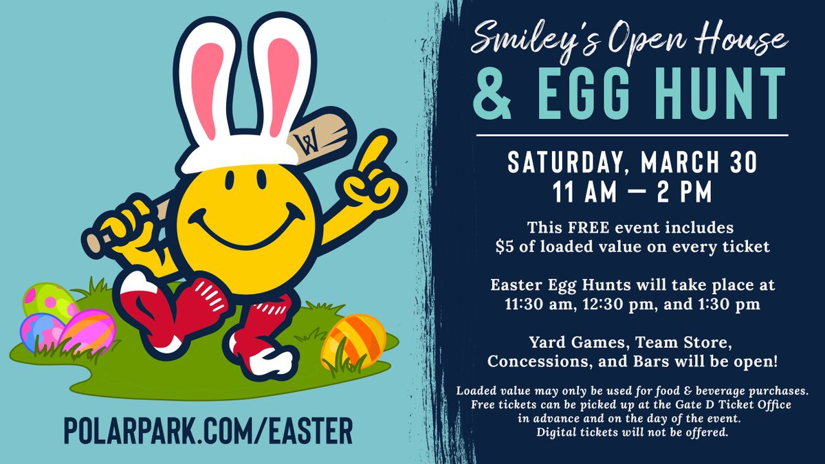 Join us for 'Smiley's Open House & Easter Egg Hunt' at Polar Park, on Saturday, March 30, from 11 a.m. to 2 p.m. This FREE event includes $5 of loaded value on every ticket, and Easter Egg Hunts will take place at 11:30, 12:30, and 1:30. Full release: milb.com/worcester/news….