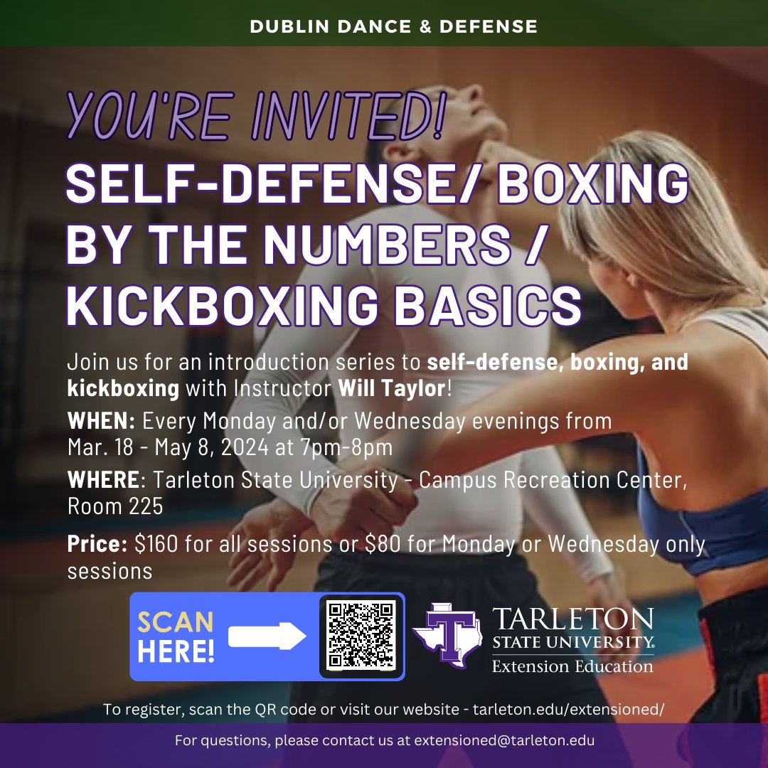 Dance and Defense courses are back! Join us for an 8-week course of dance and/or defense on Monday and Wednesday evenings at the Campus Rec Center at Tarleton (Stephenville). These classes welcome the community and are open to the public! 

Register: bit.ly/47YSlsx