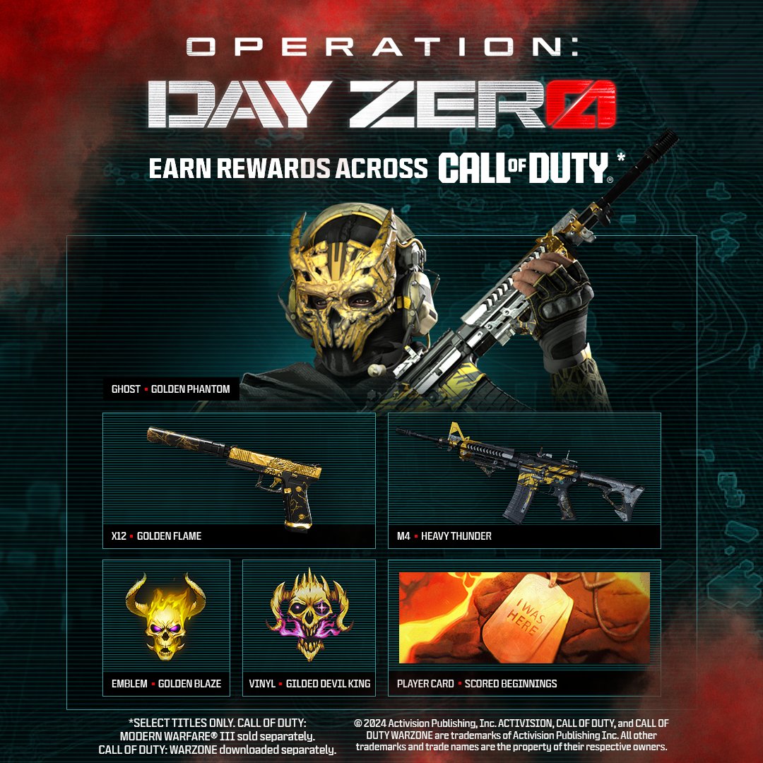 WarzoneMobile's tweet photo. 🤝 Teamwork is dreamwork. 

Join the fight during Call of Duty #WarzoneMobile's Operation: Day Zero to unlock free rewards across Call of Duty titles like #MW3 and Call of Duty: #Warzone. 

🎁 The more you fight, the more limited-time rewards you earn like Ghost - Golden Phantom. https://t.co/hRt0LC5yGy