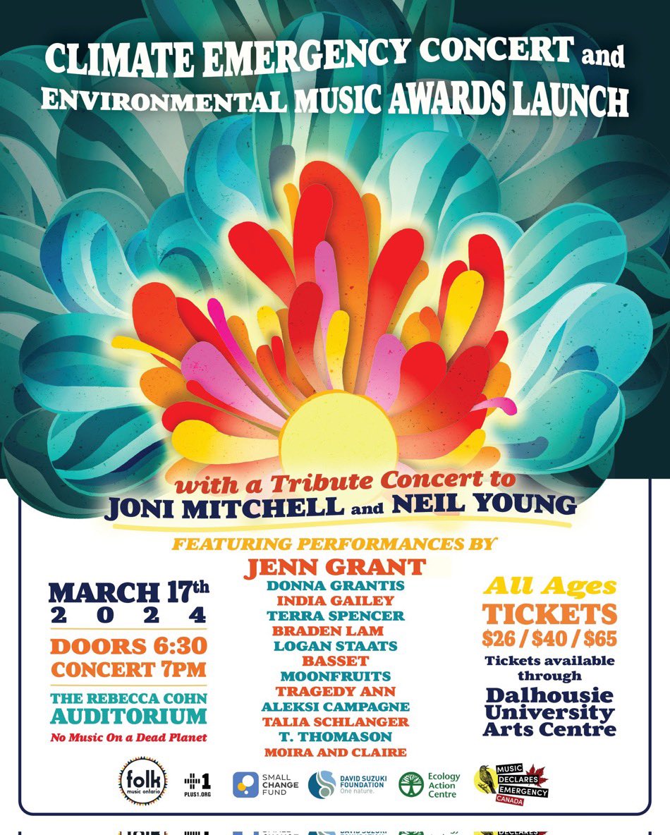 Halifax! See you on Sunday at the Climate Emergency Concert & Environmental Music Awards Launch honouring @Neilyoung & @jonimitchell. All ages are welcome – tell your family, bring your friends! 🎫 tickets.artscentre.dal.ca/Online/seatSel… @CanDeclares #NOMUSICONADEADPLANET