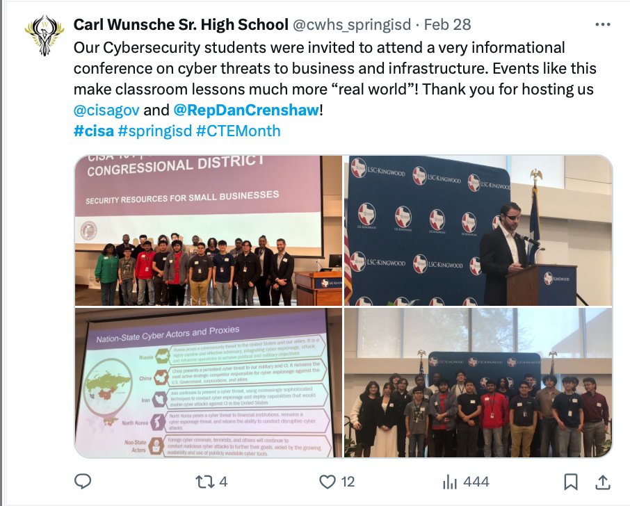 Crenshaw just lied about the federal government censoring Americans. Also, here's Crenshaw hosting an event for high school kids to promote the State Department's CISA, which helped to censor Americans. @ggreenwald @MikeBenzCyber