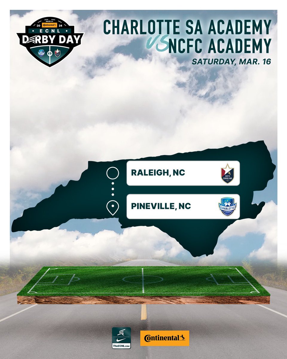 The next stop for the 𝘾𝙤𝙣𝙩𝙞𝙣𝙚𝙣𝙩𝙖𝙡 𝙏𝙞𝙧𝙚 𝙀𝘾𝙉𝙇 𝘿𝙚𝙧𝙗𝙮 𝘿𝙖𝙮 is North Carolina where NCFC Academy (@NCFC_Youth) and Charlotte SA Academy (@CSA_Soccer) will battle it out for state bragging rights @continentaltire | @ECNLboys