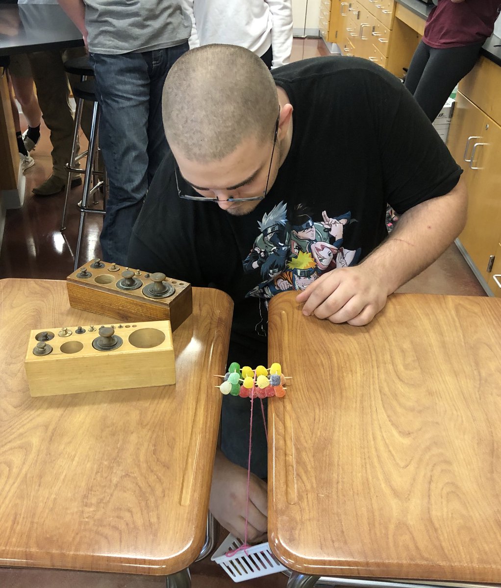Congratulations to MaKayla and Hunter for winning the Gum Drop Bridge Friday Challenge! With only 25 small gum drops and 25 toothpicks, they built a bridge that held 2,800 grams (over 6 pounds)! #RedBud132 #RedBudHS