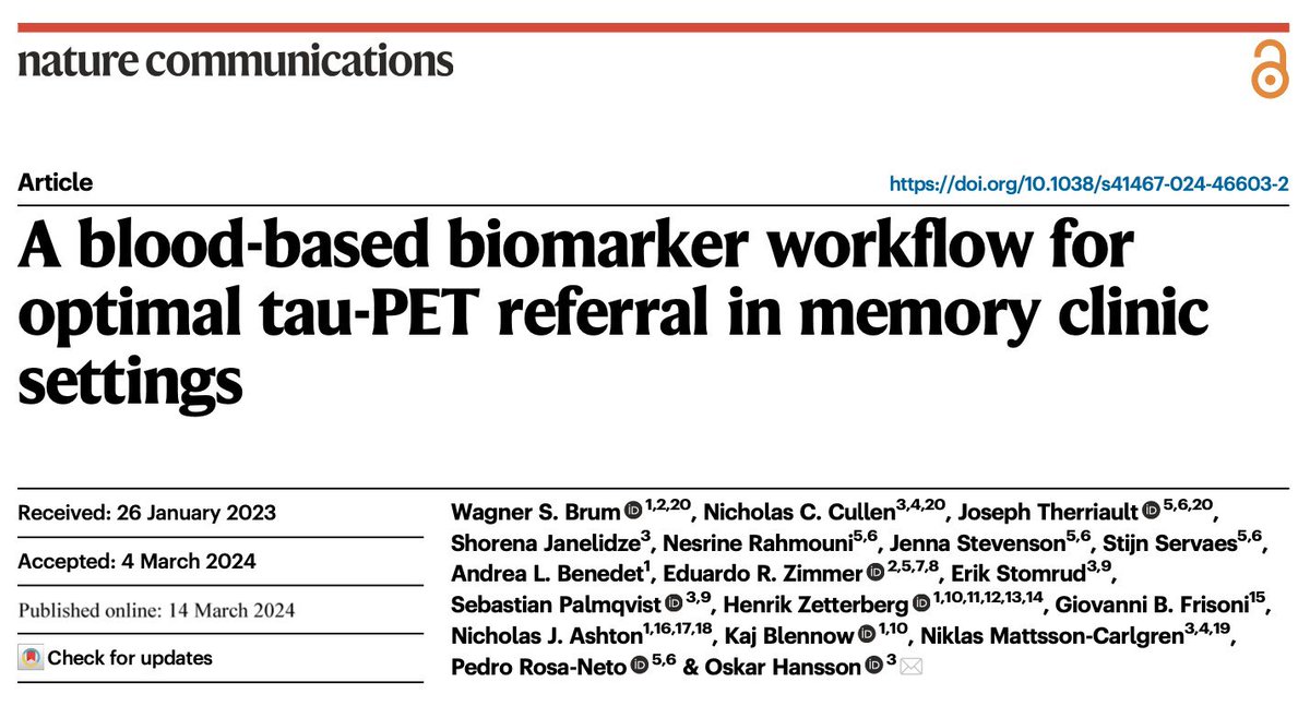 In our paper @NatureComms, we evaluated whether AD 🩸 biomarkers could aid in selecting memory clinic patients who’d more likely prognostically benefit from undergoing tau-PET, with p-tau217 performing best @OskarHansson9 @pedrorosaneto @biofinder_study nature.com/articles/s4146…