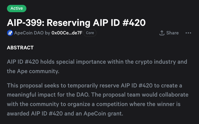 The most important 420 of the year is here NOW! AIP-399 secures the coveted AIP number and a 420k APE progress-based grant, to be awarded to a deserving winner in a community contest. VOTE FOR CULTURE, VOTE FOR AIP-399! snapshot.org/#/apecoin.eth/…