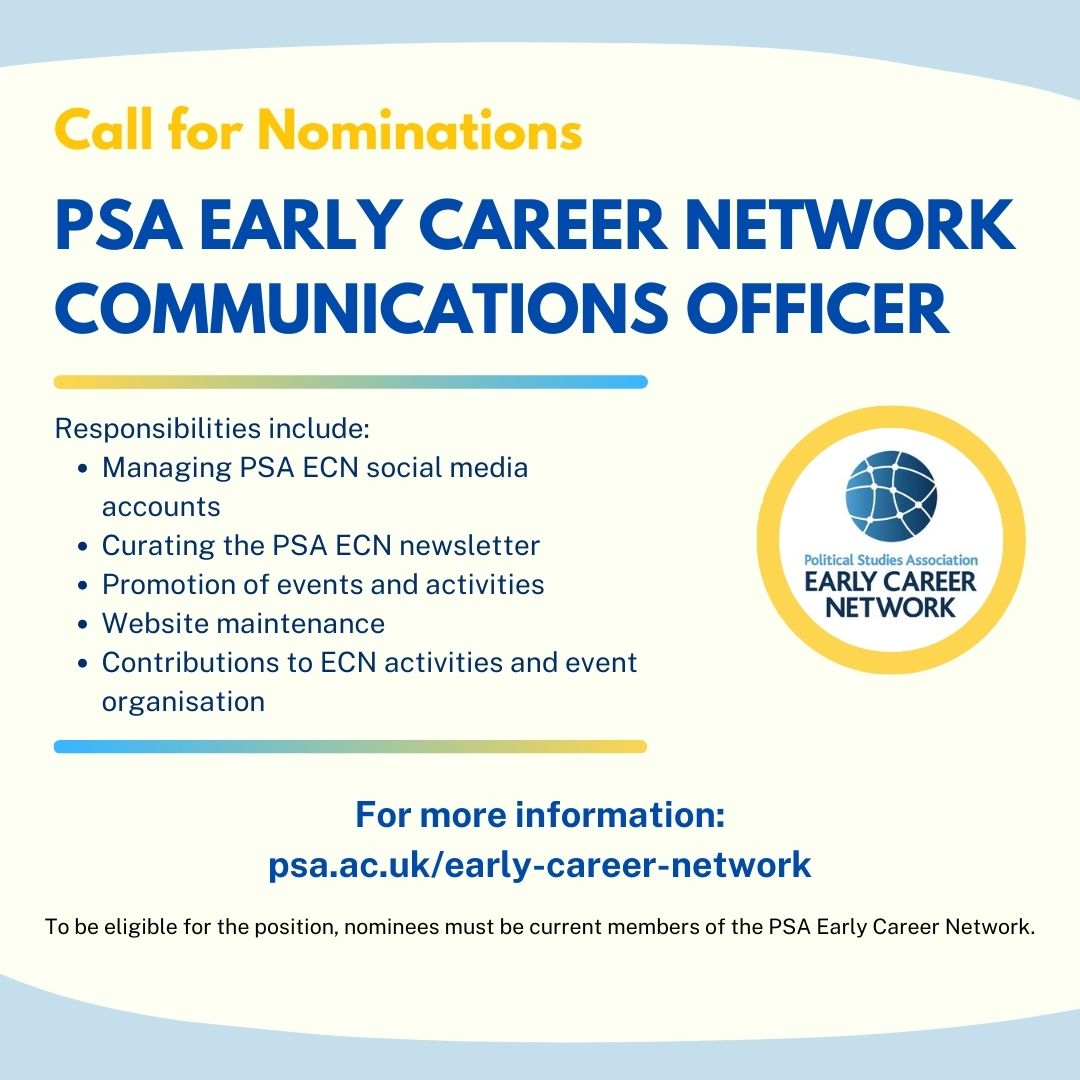 🚨Ever thought about joining the Early Career Network Committee? This could be your chance! We are now seeking nominations for the role of Communications Officer 🌟 Questions? Contact us or our current Comms Officer @carolineleicht! More information: psa.ac.uk/call-nominatio…