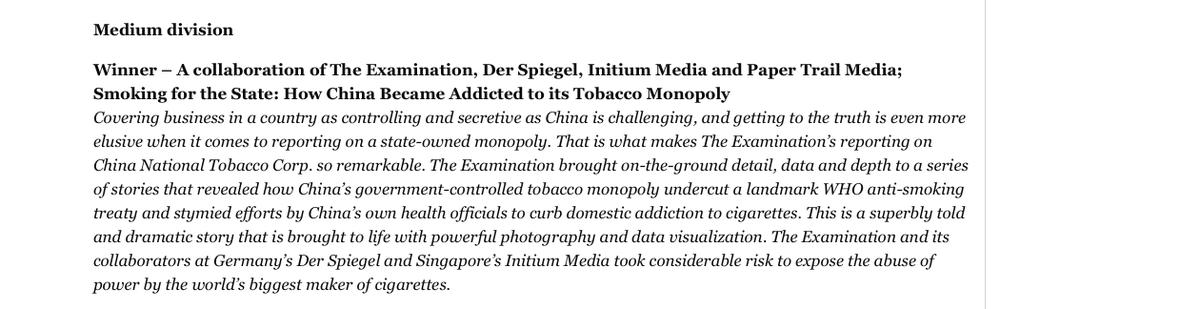 But also the win with @examinationnews is a fantastic thing for our #chinatobacco project - a first with you guys, but certainly not the last one. Big shoutout here also to @initiumnews and @derspiegel! 👏👏 (3/4)