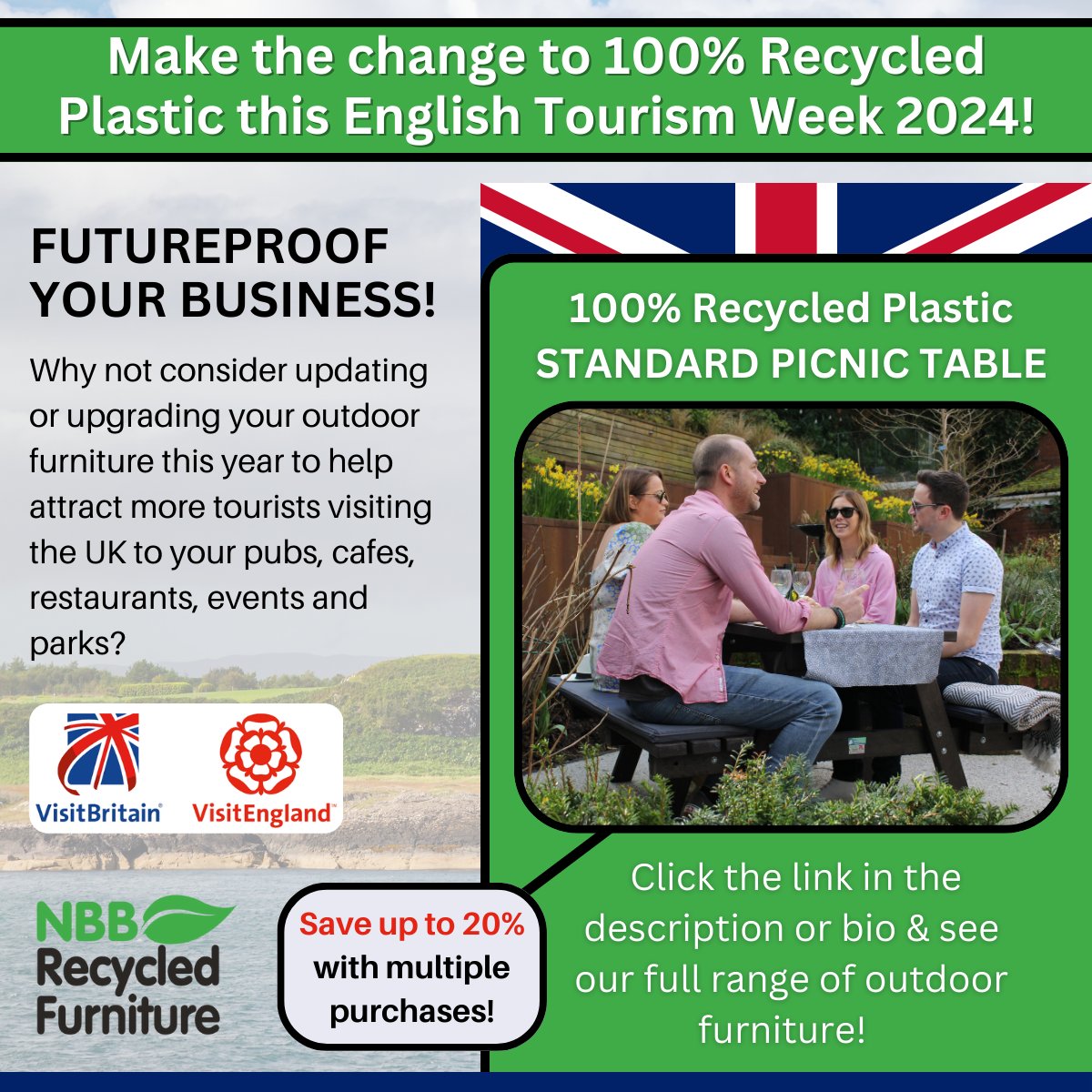 Stand out as a proud British business by supporting English Tourism Week starting today from the 15th to the 24th of March! Browse our outdoor furniture by clicking this link: bit.ly/3wWzh0r #NBBRecycledFurniture #visitengland #visitbritain #EnglishTourismWeek #recycle