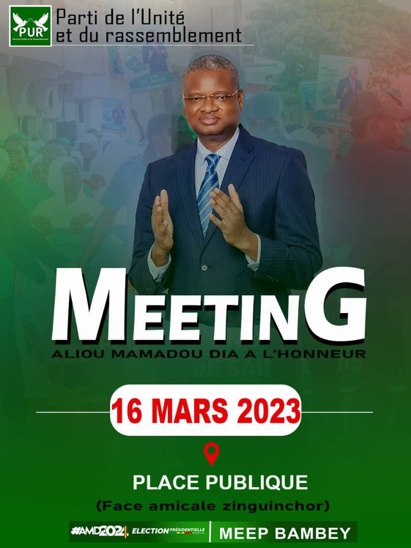 📌 Élections Présidentielles de 2024 : 

#MEGA_MEETING , organisé par le #MEEP_UADB, en collaboration avec #MEEP_BAMBEY_VILLE, qui aura lieu ce Samedi 16 mars 2024 à partir de 21h, à la place publique.

Dress Code : les couleurs du PUR 💚🤍
#PUR
#AMD
#MEEP