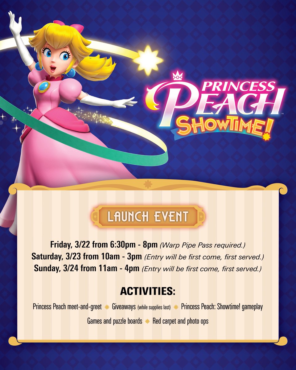 Check out how #NintendoNYC is planning to celebrate the launch of #PrincessPeachShowtime!

Warp Pipe Pass is only required for Friday 3/22 from 6:30pm-8pm. (More details coming soon)

Registration is not required for 3/23 and 3/24.
(Entry will be first come, first served)