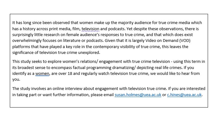 BritFilmMelanie's tweet image. NEW project on investigating female audience's responses to true crime TV, from m'colleagues Su Holmes and @ClaireJHines - if you are a watcher/fan, do get involved!