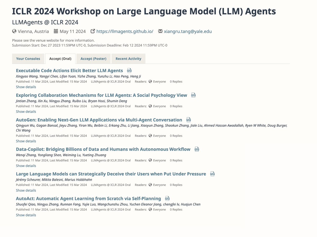We've unveiled all of our accepted oral and poster presentations for #LLMAgents at #ICLR2024! Visit our page at openreview.net/group?id=ICLR.… to get a glimpse of the array of fantastic research we'll be presenting.

Can't wait to meet you all in beautiful Vienna, Austria 🇦🇹!