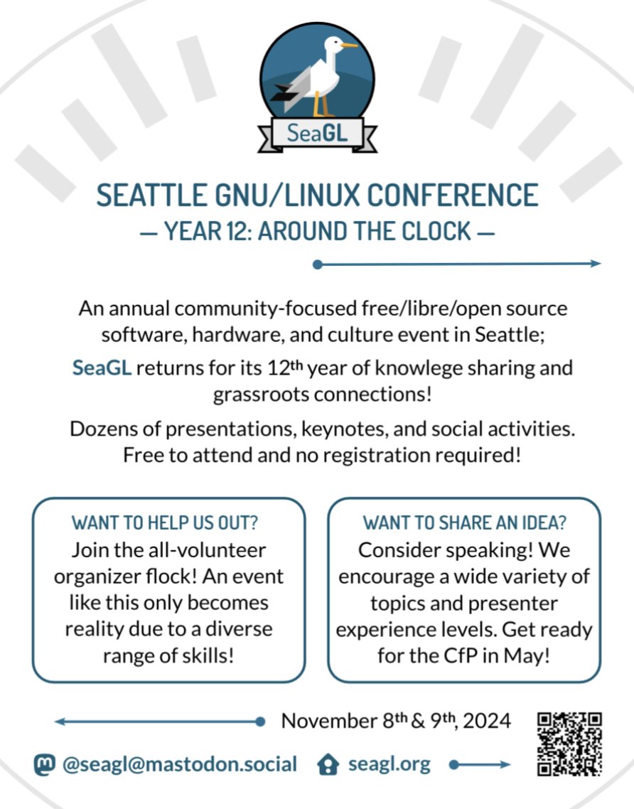 seagl's tweet photo. 🕛Save the date! #SeaGL #linux #opensource #seattle https://t.co/HnSDzlgVyU