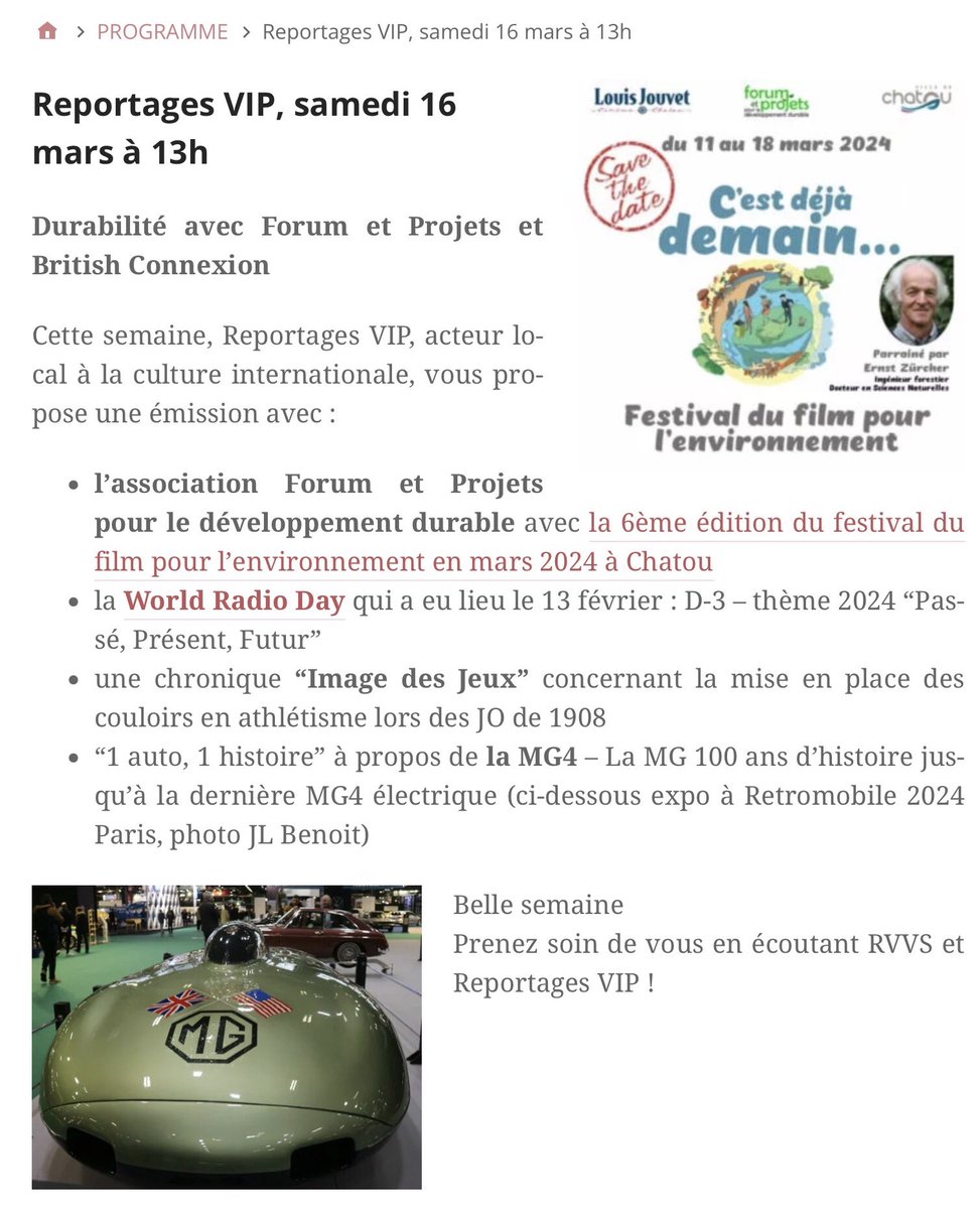 News #radio #ReportagesVIP, ce samedi 16/3/24 13-14h rediffusion sur #RVVS et #Vipradioobline émission avec l’association Forum et Projets pour le #développementdurable avec la 6ème édition du #festivaldufilm pour l’environnement de #Chatou, à #WorldRadioDay,