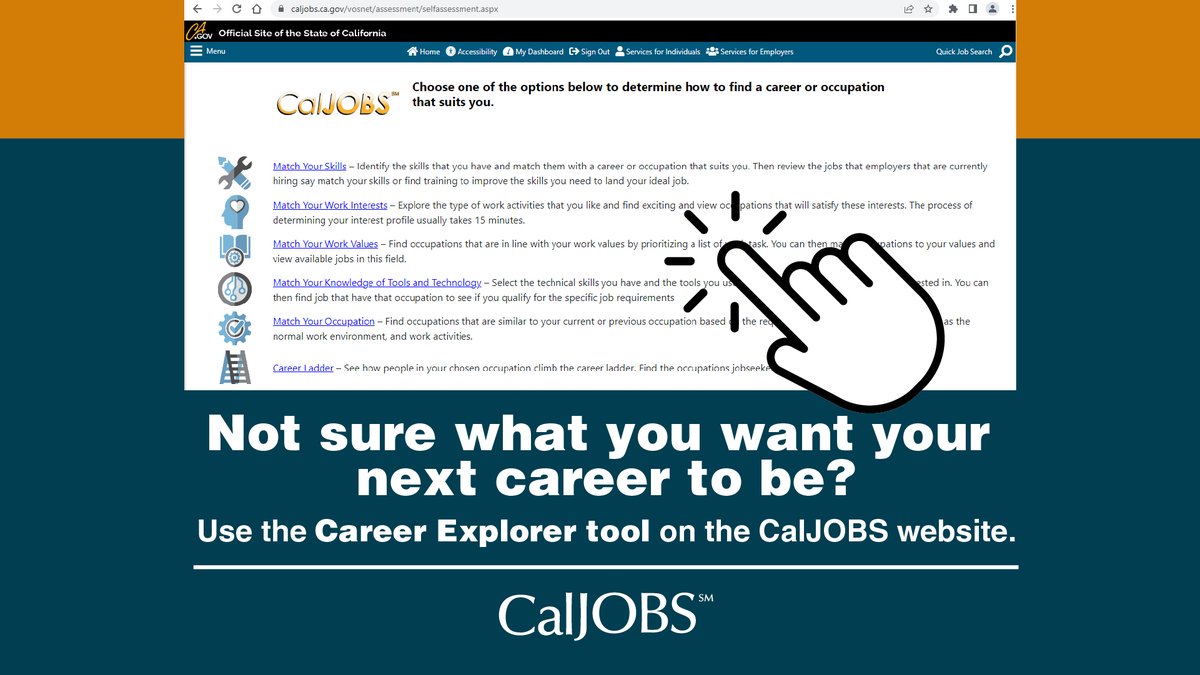 CA_EDD's tweet photo. Are you searching for an exciting new career? You can use the “Career Explorer” tool on CalJOBS.
Match your skills, interests, values, and technological skills to potential occupations.
💼 Use the Career Explorer at: https://t.co/WM5lT0apii
#WorkingInCa #CaJobs #CalJOBS https://t.co/LSVwNETEqv