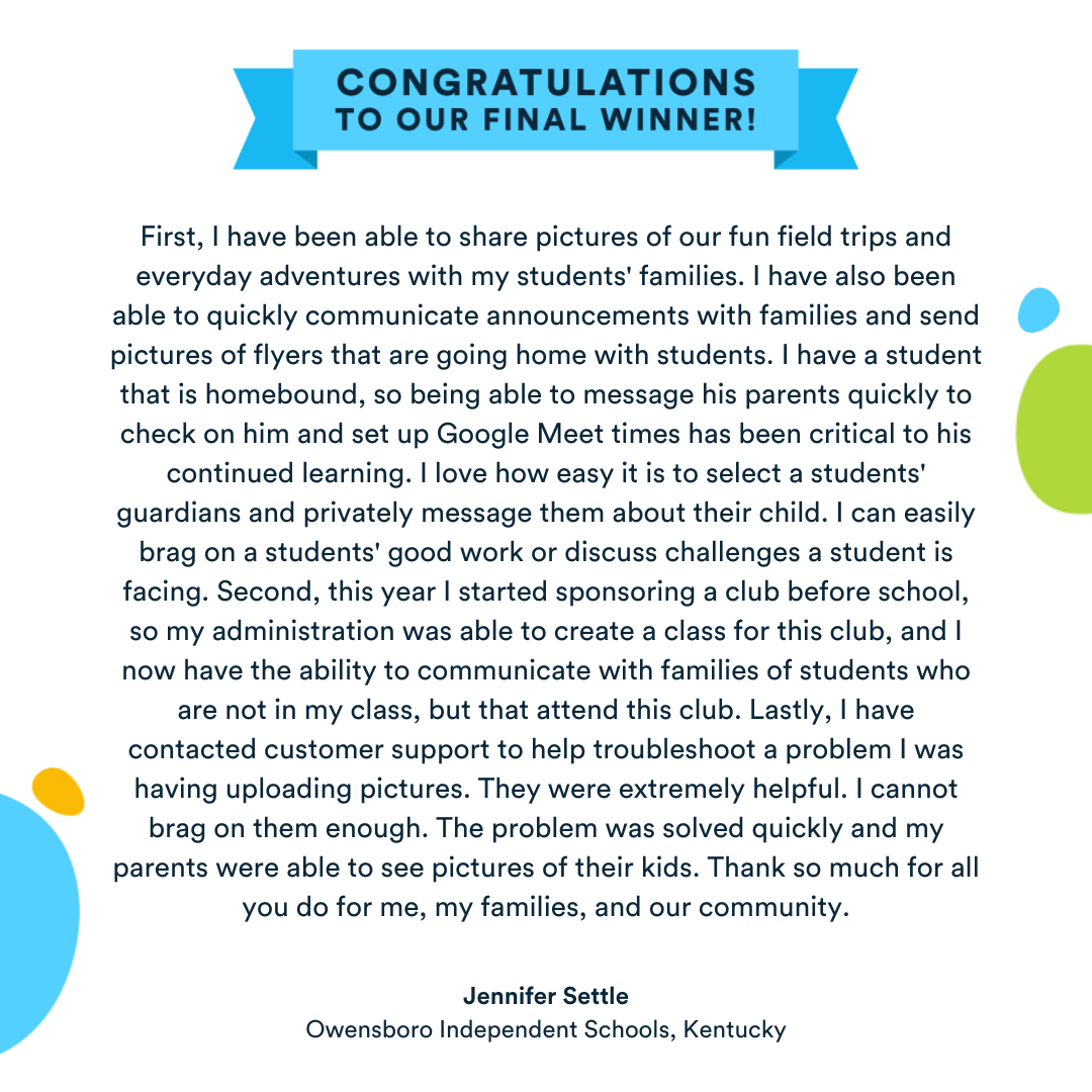 TalkingPointsEd's tweet photo. Congratulations to our 5th and final winner for the "100 Days of Impact" Giveaway! 🎉 What a great entry from Jennifer Settle from Owensboro ISD in Kentucky. #100DaysofSchool #100DaysofImpact #FamilyEngagement https://t.co/w9i07ycJdS