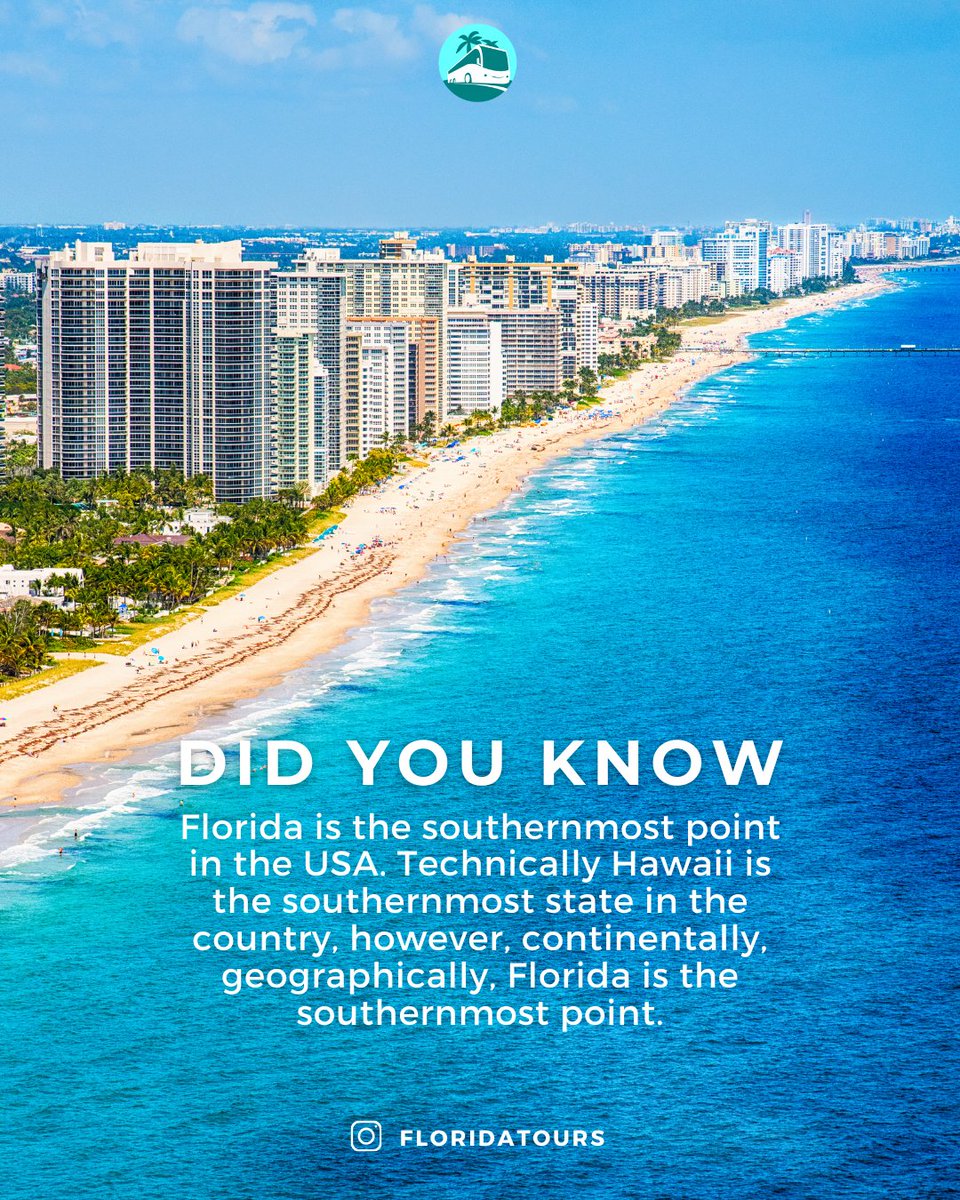 FloridaTours305's tweet image. Did you know? While Hawaii is the southernmost state in the USA, geographically, Florida holds the title for the southernmost point on the continent. 🌴🗺

#FunFacts #GeographyTrivia #FloridaTours #soflorida #miami #charter #bocaraton #orlando #fortlauderdale #tampa