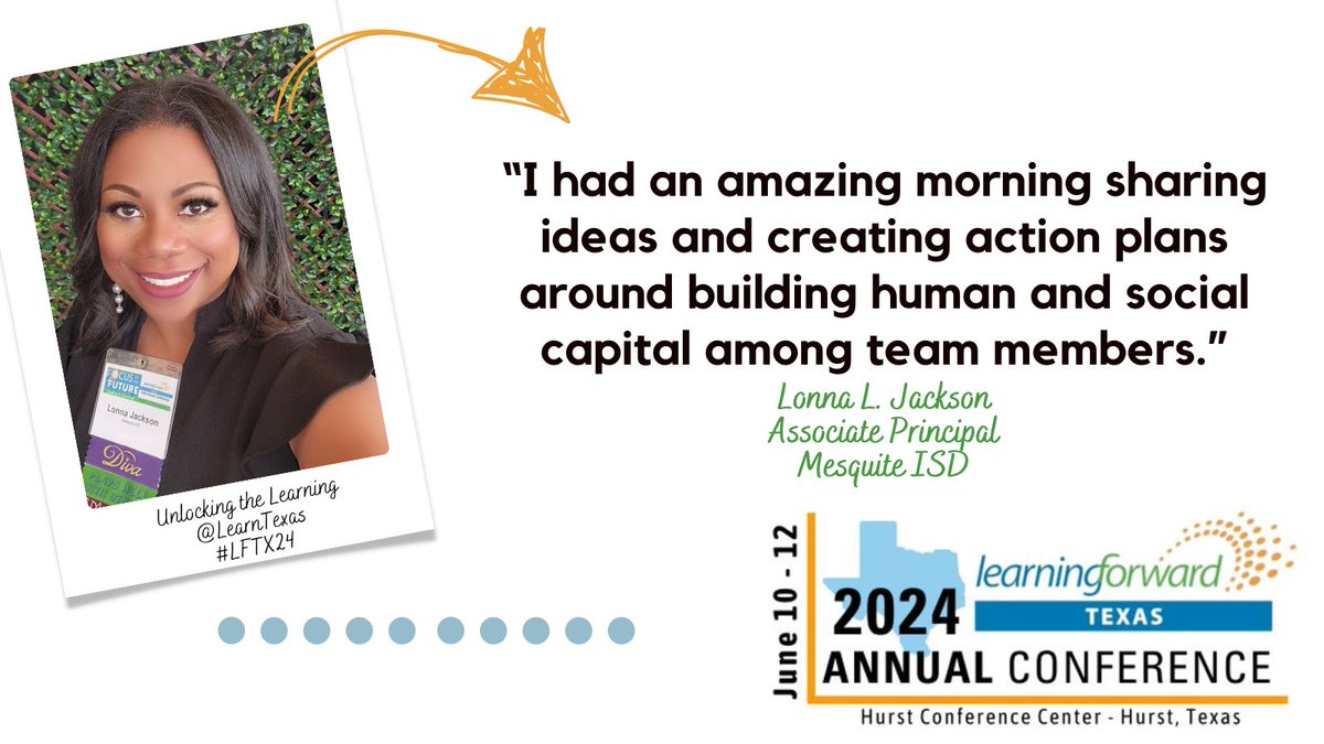 🌟 Past participants leave inspired with actionable strategies for success! @LLJackson08 is excited for this year's Learning Forward Texas Annual Conference, too! Don't miss out on learning, growing, and connecting! #LFTX24 ➡️ Register here: bit.ly/LFTX24