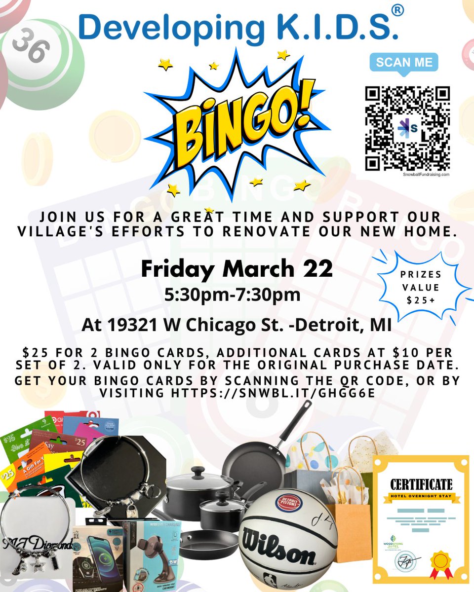 Developing_KIDS's tweet photo. 🎉 Get ready for Bingo Round 2 on Friday, March 22nd at 5:30pm! 🕠 Prizes up for grabs include MJ Diamonds 💎, a signed Pistons Ball 🏀, kitchenware 🍳, gift cards 💳, and more! #TheVillage Campaign 🏞️ #Fundraiser 🎈Get your bingo cards here: https://t.co/niN1gmFqFB https://t.co/TIJXHdGpcD