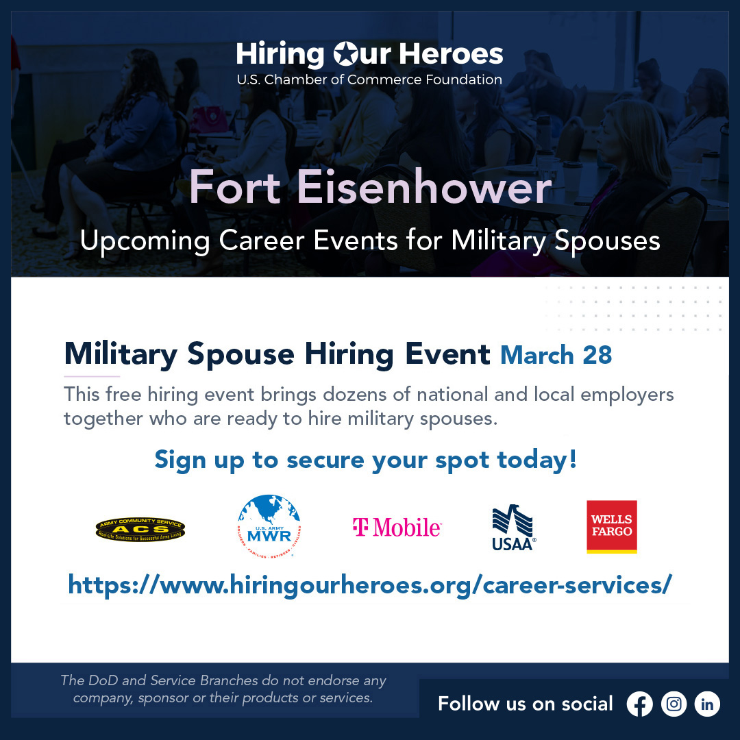 📣Spouses of @FortEisenhower , don't forget that @hiringourheroes & ACS will have a Military Spouse Hiring event on the 28th. To register for the event, visit app.brazenconnect.com/a/hiring_our_h…! Any questions, call the ACS staff at 706-791-3579. #EisenhowerMWR #EisenhowerACS #JobFair