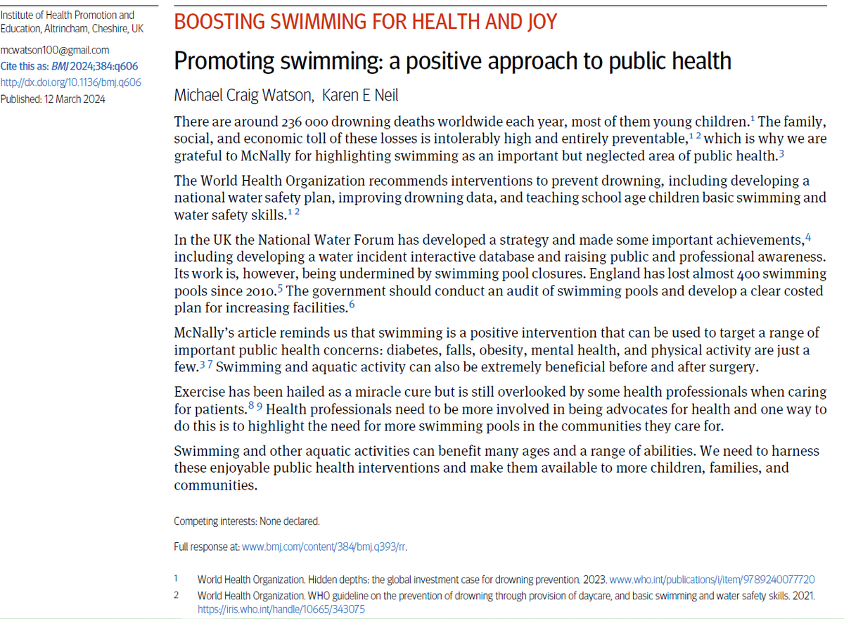Promoting swimming a positive approach to public health bmj.com/content/384/bm… @etiennekrug @amyepeden @mbrussoni @RoSPA @CAPTcharity @KidRapt @HomeSafetyScot @margiepeden @rebeccaivers @ahyder1 @bhatta111 @Puspa_RPant @drsunilkj @ADPHUK @FPH @afPE_PE @kimleadbeater