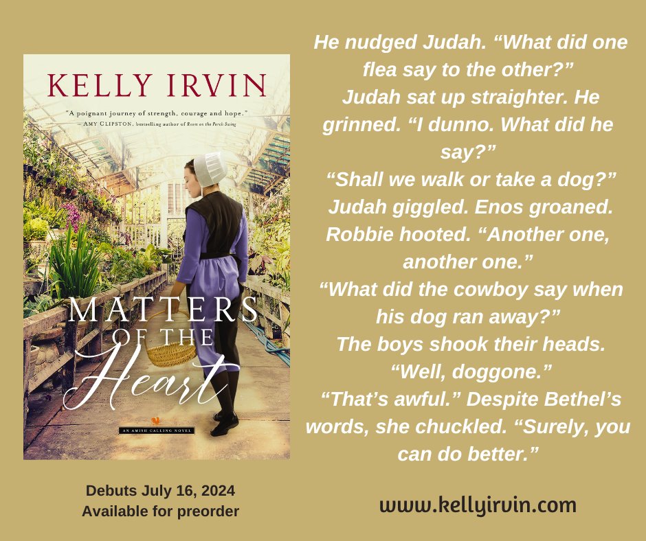 Cover Reveal Day for Matters of the Heart, the 2nd book in the Amish Calling series. I had so much fun getting serious Bethel together with king of corny jokes Declan. They are opposites, yet the sparks fly whenever they're near. Matters of the Heart debuts July 16. #preordernow
