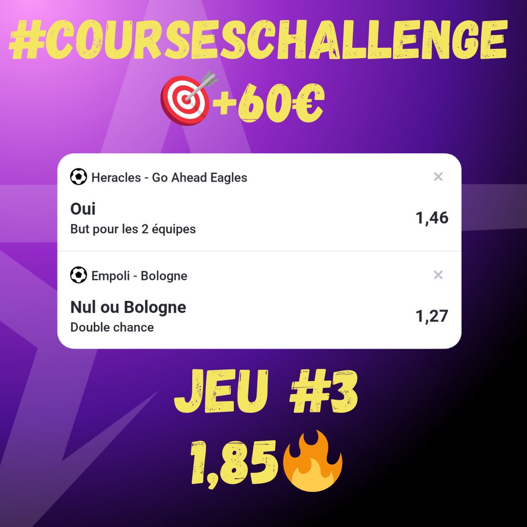 PronextApp's tweet photo. #COURSESCHALLENGE 🛒
Bankroll actuelle 199,20€
⏩ Jeu #3 :
🇳🇱 #HERGAE les 2 marquent
🇮🇹 @Bolognafc1909 ne perd pas N2
Côte 1,85 🙏
Mise 10€ 💰
❤️ ENVOIE DU LIKE !!!!
#TeamParieur #EmpoliBologna https://t.co/WU5R8Eaq66