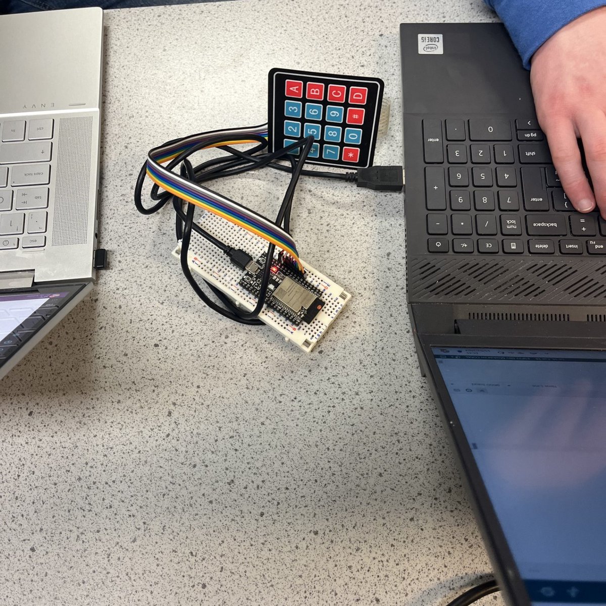 Today, our Rugby Scoreboard Club split into three teams to (a) practice soldering (b) to continue with the front panel design and (c) to program the ESP32 Dev Kit to test our written code (pictured). Huge thanks to Adam @GBElectronicsUK for sharing his expertise and knowledge!