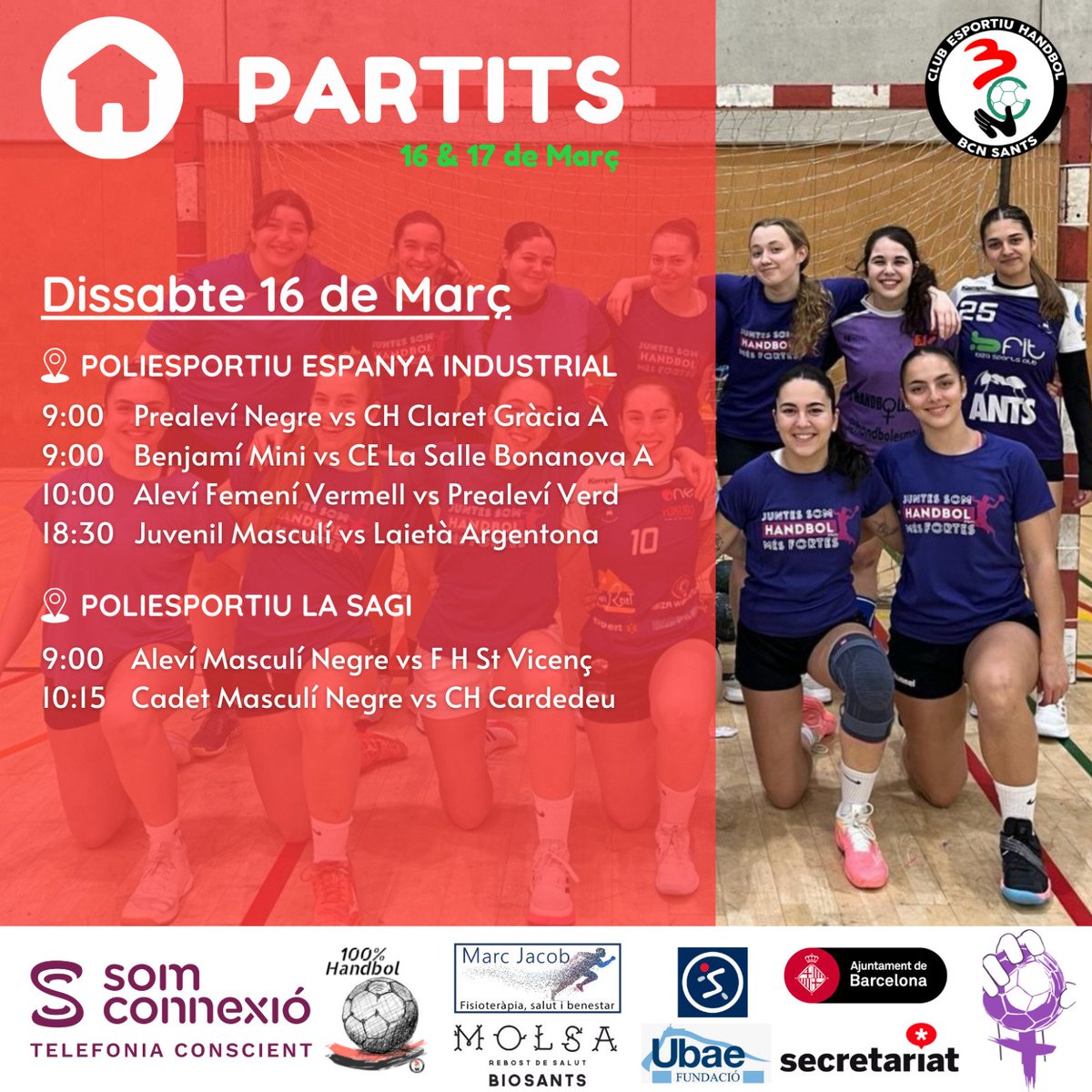 📌 Horaris de partits del cap de setmana!

I dissabte no et perdis la calçotada del club! 🤾🤾‍♂️🤾‍♂️

#HandbolBcnSants #BcnSants  #Sants #GaudeixDelEsport #UbaeEsport

<a href="/SomConnexio/">Som Connexió</a> #marcjacob_fisiocalisthenics #naturasi_bio_sants @santsesports  <a href="/elconsell/">El Consell</a> @fedcathandbol