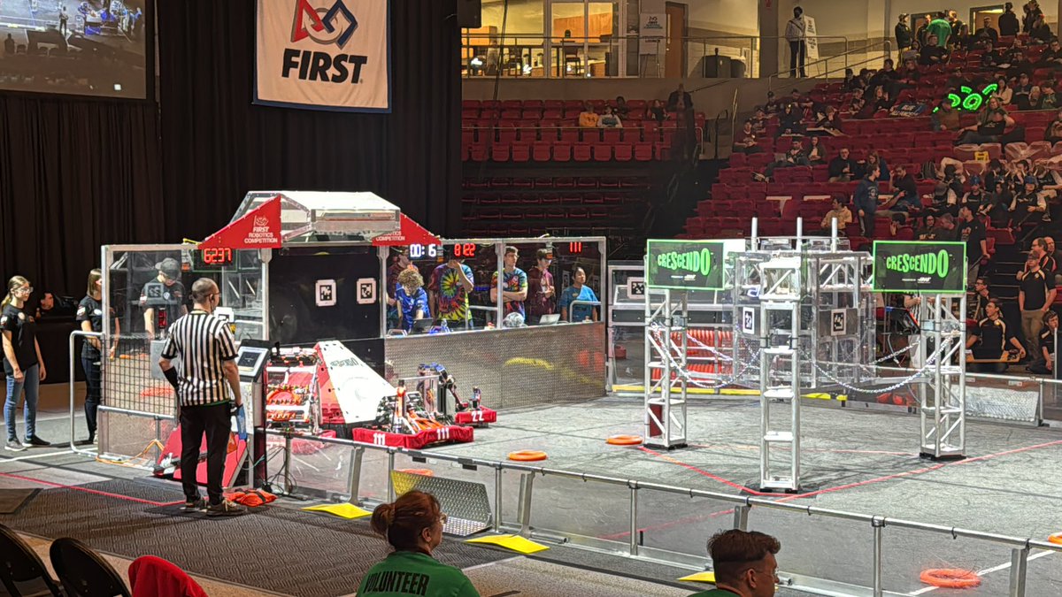 up next after the lunch break in match 21 on the red alliance is WildStang with @RoboticsTaft and @martinengmotion! be sure to tune in on twitch! Twitch.TV/FIRSTInspires6 #wsrp #WildStang #frc111 #omgrobots #friendswithrobots #CRESCENDO #TeamREV