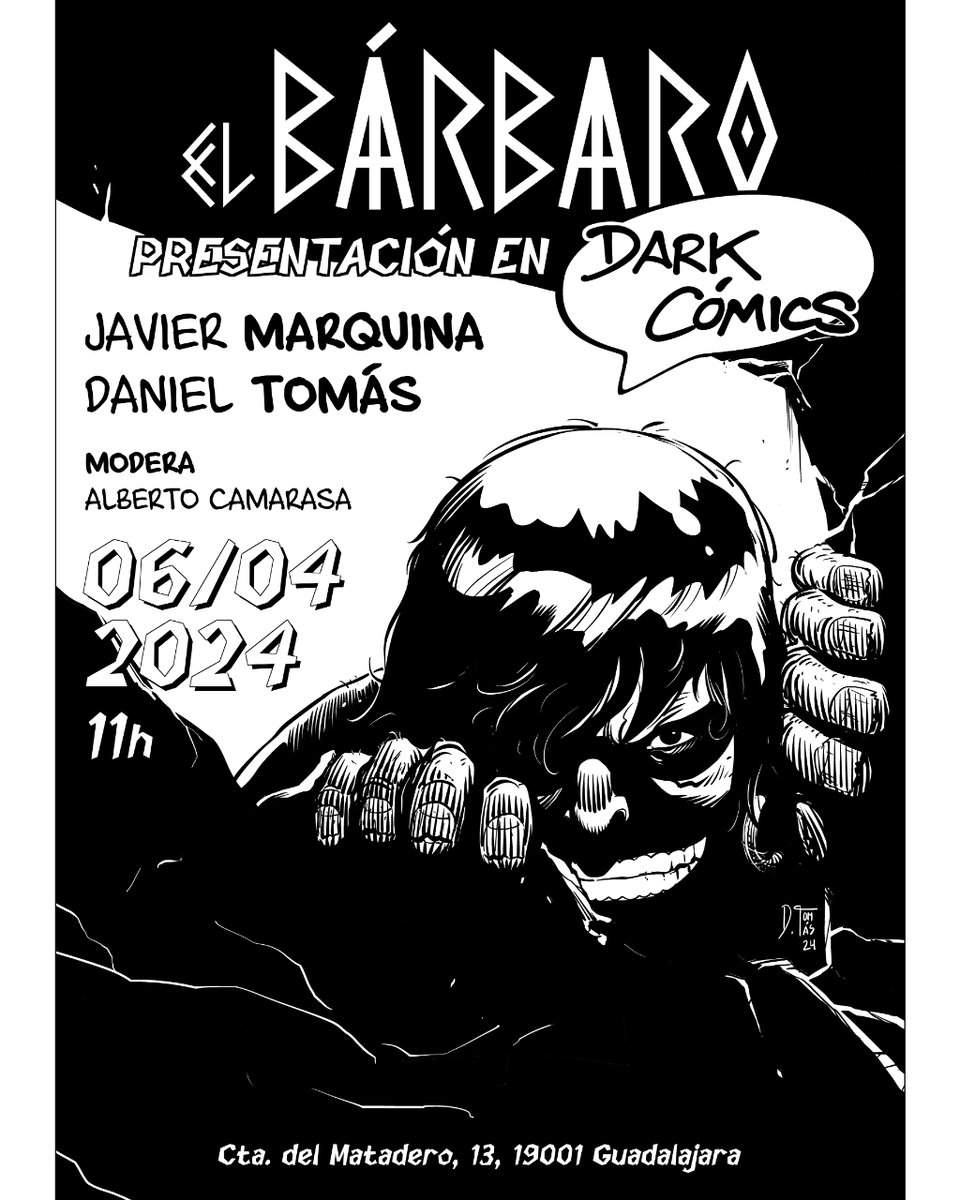 El Bárbaro es un viaje lleno de acción, violencia y sangre que disfrutaremos junto a Javier Marquina y Daniel Tomás.

Guionista y dibujante hablarán de su homenaje a un personaje inmortal... espadas, brujería, y firma de ejemplares el sábado 6 de abril en Dark Cómics.

#ElBarbaro