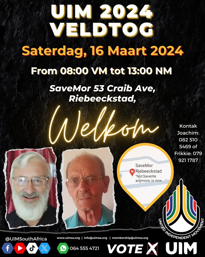 UIMSouthAfrica's tweet photo. #UIM2024 veldtog!
Saterdag, 16 Maart 2024
From 08:00 VM tot 13:00 NM
SaveMor 53 Craib Ave, Riebeeckstad, #Welkom
Kontak Joachim: 082 510 5469 of Frikkie: 079 921 1787
#stayinformed #Vote2024 #LatestNews
#MPCSA #MPC #Charter24 #VoteUIM2024 #VoteNeilDeBeer2024 #NeildeBeer4Pre… https://t.co/bLsFobOYM4