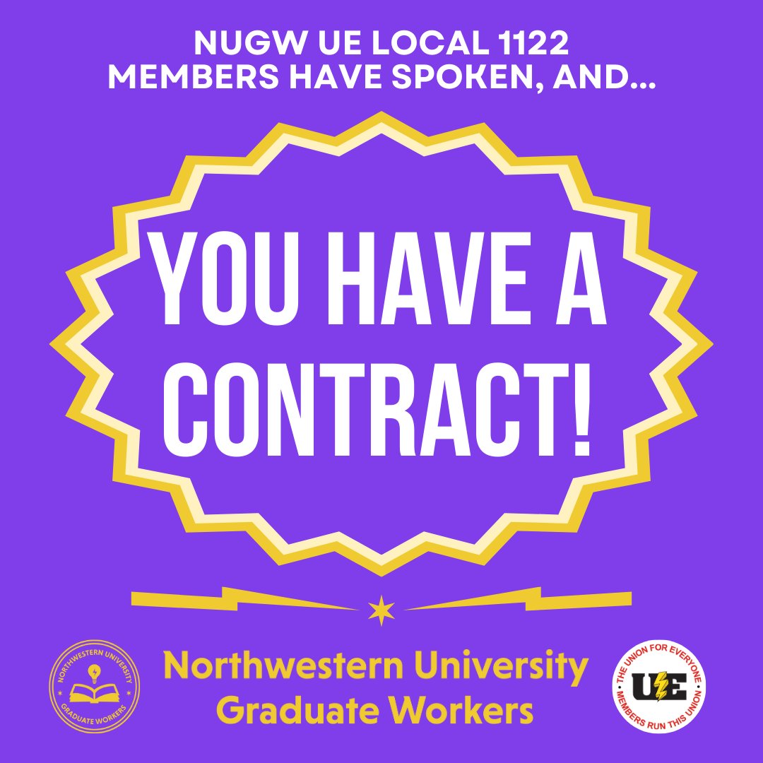 NUGW UE Local 1122 members! You have spoken, and you have a union contract! The contract has been ratified by a vote of 1713 to 647. Over 2500 members signed new membership cards in the last 3 weeks and 94% of you cast your ballot. Stay tuned for more information on next steps!⚡️