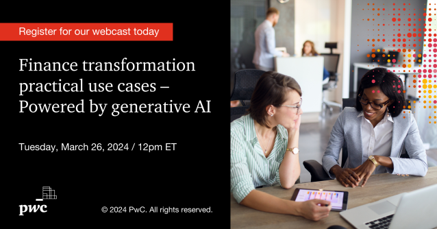 Join PwC on March 26th for a live webcast on practical GenAI use cases for the finance function. We’ll dive into real-life use cases, going beyond the theoretical &amp; discuss how companies today are realizing business value from their investments in GenAI. pwc.to/4acvScj