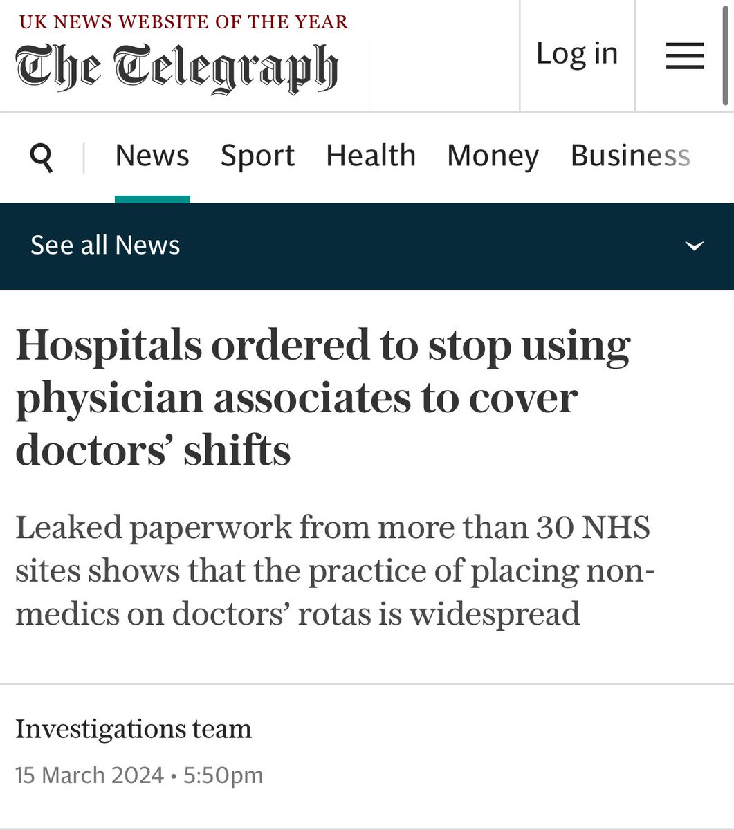 Thanks to @JanetEastham who yet again with her excellent investigative reporting has found evidence of massive scale replacement of doctors with Physician Associates, something we have been reassured time and time again isn’t happening. telegraph.co.uk/news/2024/03/1…