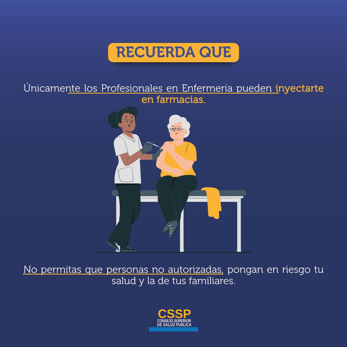 La aplicación de inyecciones debe ser realizado por Profesionales en Enfermería, autorizados por la Junta de Vigilancia a la cual pertenecen.
Garantizando la seguridad y la efectividad de la Salud a la Población Salvadoreña.