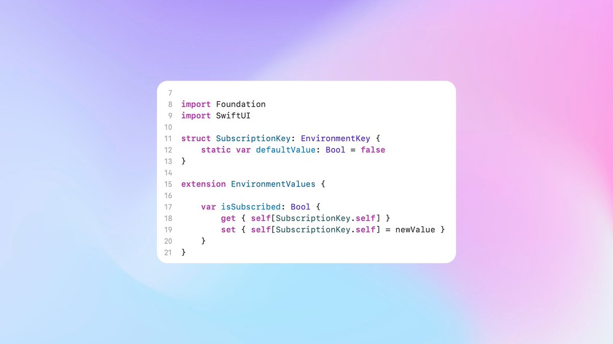 bryan_van_horn's tweet photo. Super simple environment value extension to keep track of subscription status in my SwiftUI views for subscription-based apps

#iosdev #indiedev https://t.co/T0xJyxDRHw