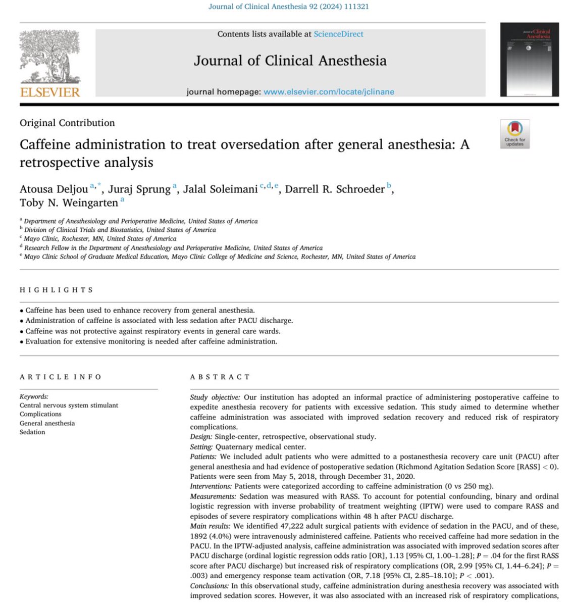 Journal of Clinical Anesthesia (@journalofclinan) on Twitter photo IV caffeine for anesthesia recovery?
New cohort study from <a href="/MayoAnesthesia/">Mayo Clinic Department of Anesthesiology</a> finds iv caffeine in PACU associated with:
➡️ improved sedation scores
➡️ increased risk of respiratory complications - possibly due to selection bias of high risk patients.
🔗doi.org/10.1016/j.jcli… IV caffeine for anesthesia recovery?
New cohort study from <a href="/MayoAnesthesia/">Mayo Clinic Department of Anesthesiology</a> finds iv caffeine in PACU associated with:
➡️ improved sedation scores
➡️ increased risk of respiratory complications - possibly due to selection bias of high risk patients.
🔗doi.org/10.1016/j.jcli…