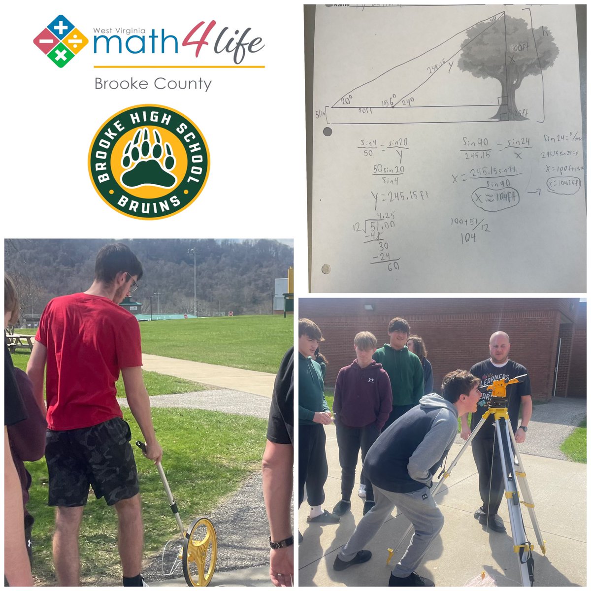BrookeCounty's tweet image. Today in some of Mr. Cerullo’s Geometry classes, students used transit equipment purchased through a Math4Life grant and trigonometry to find the height of a tree in front of Brooke High School. 
#Math4LifeWV