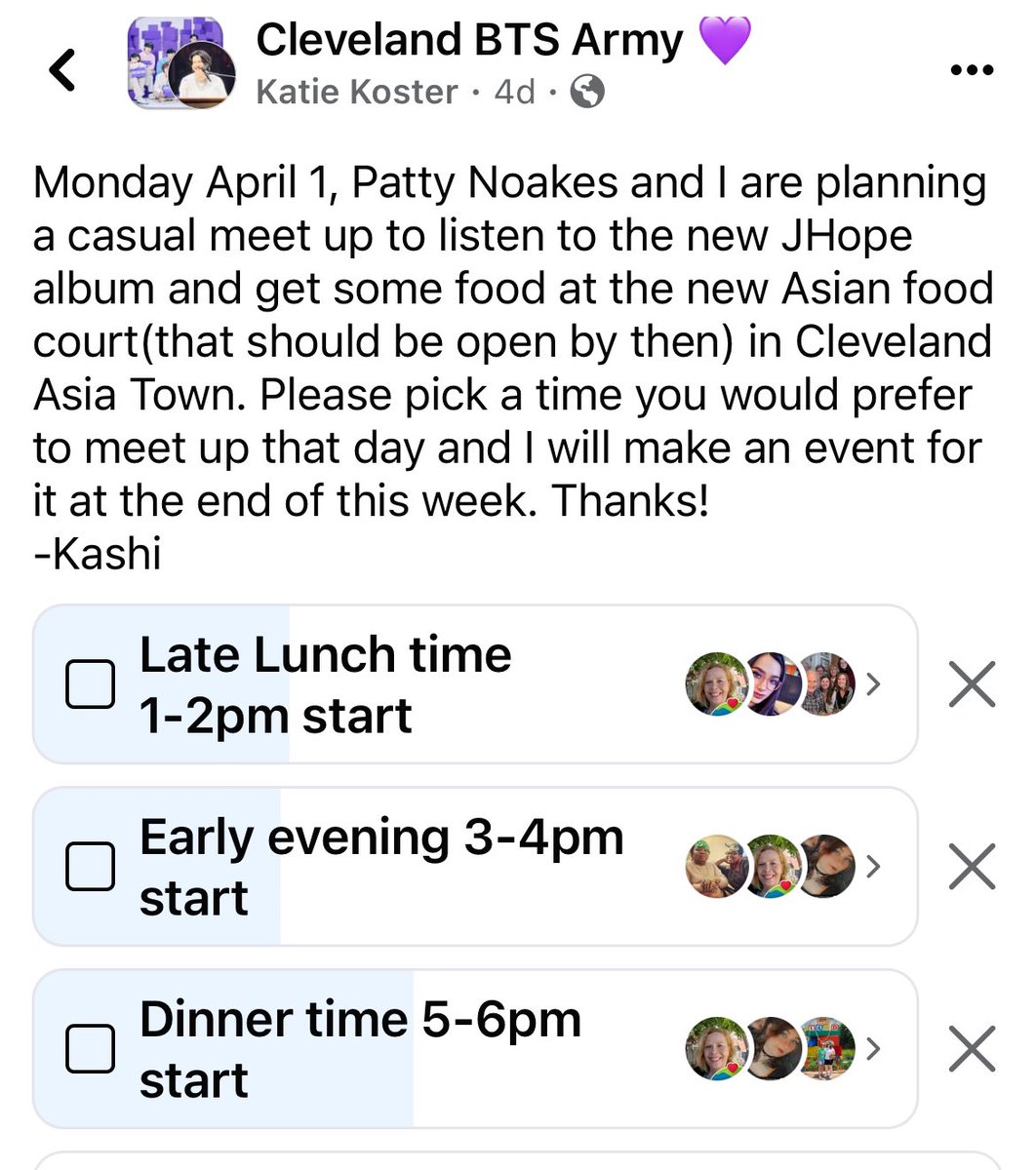 CLEforBTS's tweet photo. Cleveland Army!! @monkeydog9 and @pattyheartsbts are planning a casual meet up on Monday April 1 to listen to the new JHope album and get some food at the new dining hall in Asia Town downtown! Please let me know which time you prefer to meet! #CLEforBTS https://t.co/5lVzkIFxn3