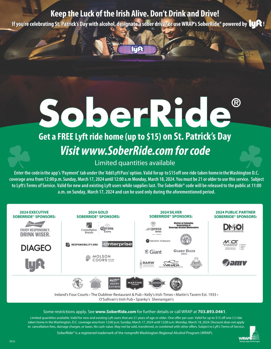🍀Happy St. Patrick’s Day!🍀

If you’re out celebrating today, please don’t drink and drive and choose #SoberRide.

The <a href="/WRAP_org/">WRAP.org</a> SoberRide code will be released at 11 a.m. today.

Promo code➡️wrap.org/soberride/

#MCPNews #MCPD #StPatricksDay