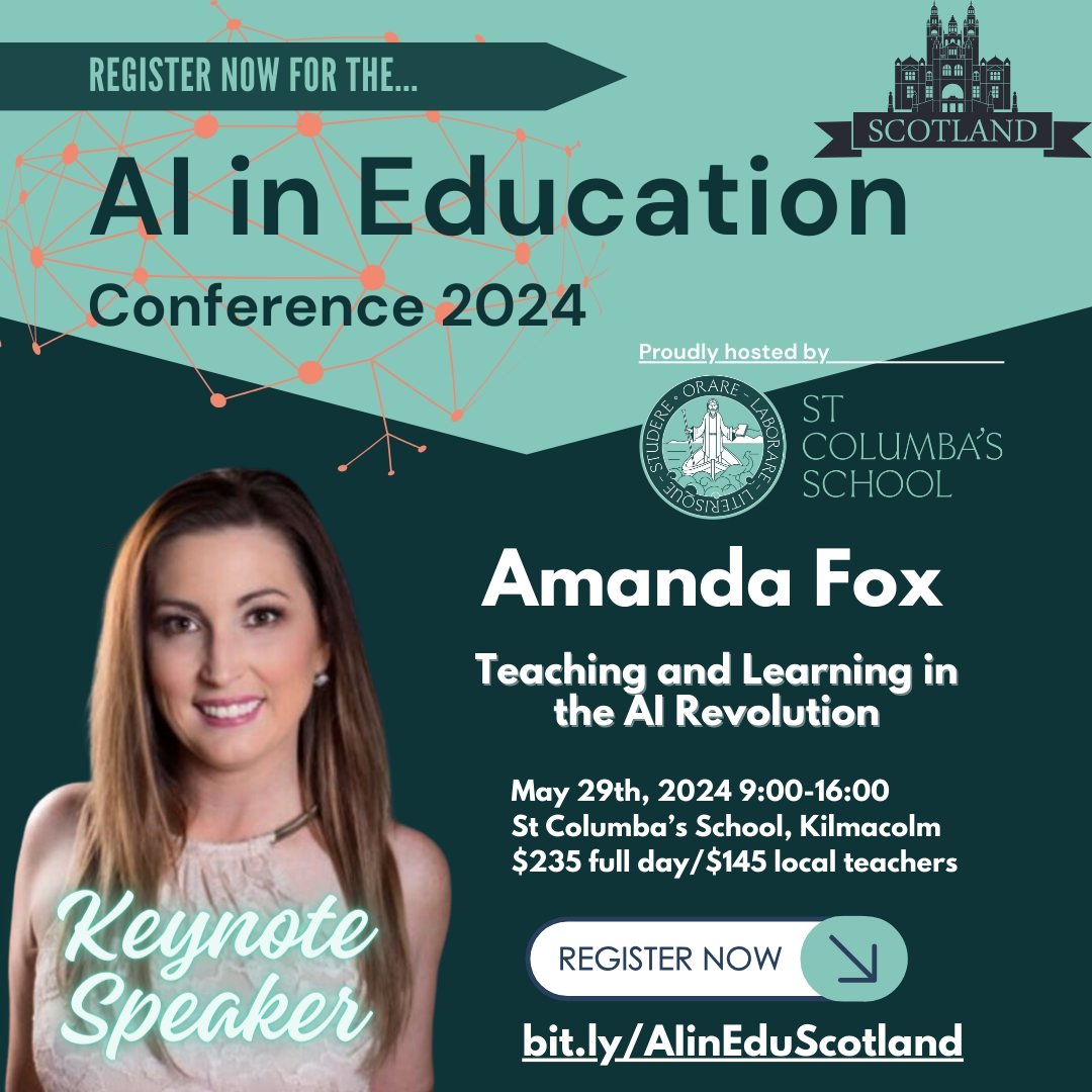 🎒✈️ Headed to Scotland in May to keynote at the AI in Education Conference in Kilamacolm!

🏴 Excited to share teaching strategies in the AI revolution &amp; lead two AI workshops!

🤖💡 Where my UK Peeps at?  - register now! 🌟

bit.ly/AIinEduScotland

 #AIinEducation #AIClassroom