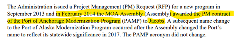 BillFalsey's tweet photo. Does anyone know how to make sense of Bronson telling AKPM that the "one thing [he's] most proud of" is his "put[ting] a very successful engineering firm" in charge of the Port of Alaska Modernization Project?  Jacobs/CH2M has been the PAMP Project Manager SINCE FEBRAURY 2014. https://t.co/NjFyQWVWvM