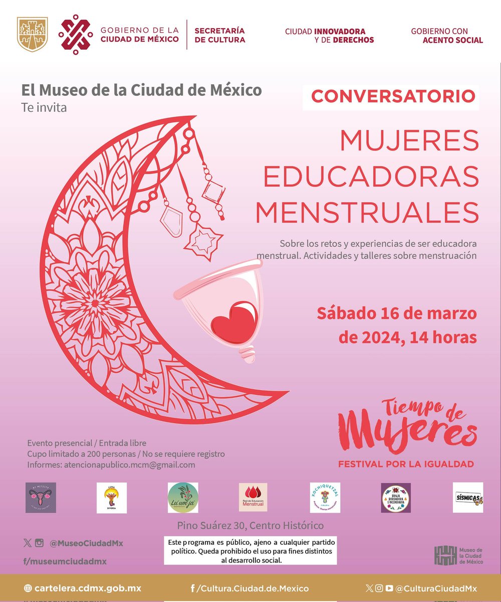 MuseoCiudadMX's tweet photo. #Conversatorio
#Menstruacion

🌙Mañana tenemos una cita para que nos acompañes al conversatorio "Mujeres Educadoras Menstruales", en donde  se busca visibilizar la educación menstrual. 

Está actividad será interpretada en Lengua de Señas Mexicanas.

🗓️ 16 de marzo.
🕑14 horas. https://t.co/dxoO1km9AA