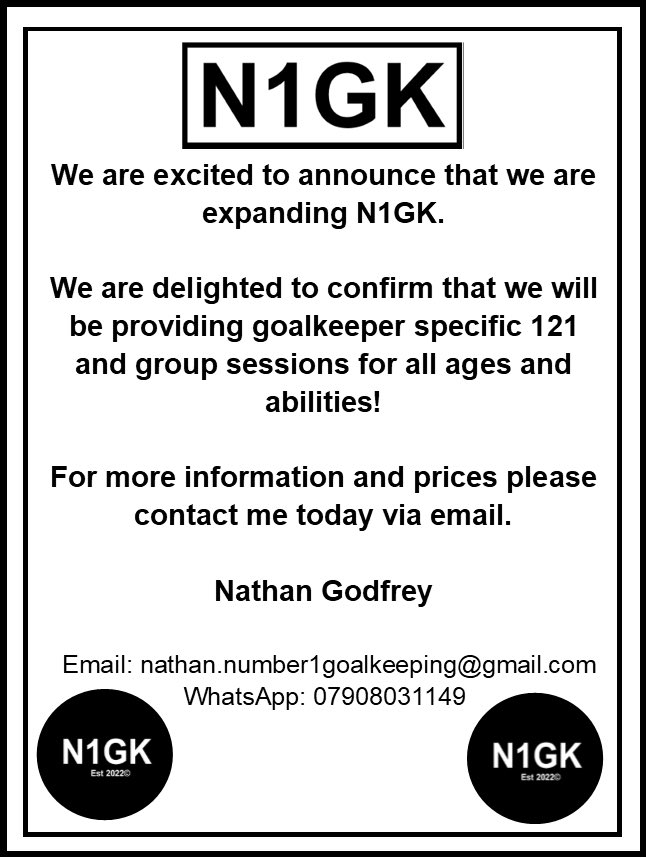 I’m really excited to comfirm that I am expanding <a href="/N1GoalKeeping/">N1GK© Gloves and Coaching</a>! As well as a Goalkeeping glove brand I will be offering Goalkeeping specific 121 and group sessions to all ages and abilities!

For any further information please feel free to email me or contact me via WhatsApp!🧤