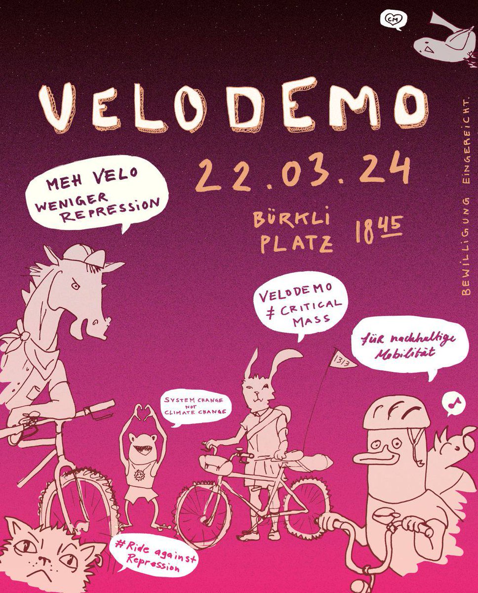 Am kommenden Freitag rufen wir zur 🚴‍♀️Velodemo🚴‍♀️ zugunsten der Critical Mass – am 22. März, um 18:45 Uhr ab Bürkliplatz. Wichtig: Es handelt sich dabei explizit nicht um eine CM, sondern um eine Velodemo für die CM. @VcsZurich @Velorouten @XRZurich @campaxorg @posmo_coop…