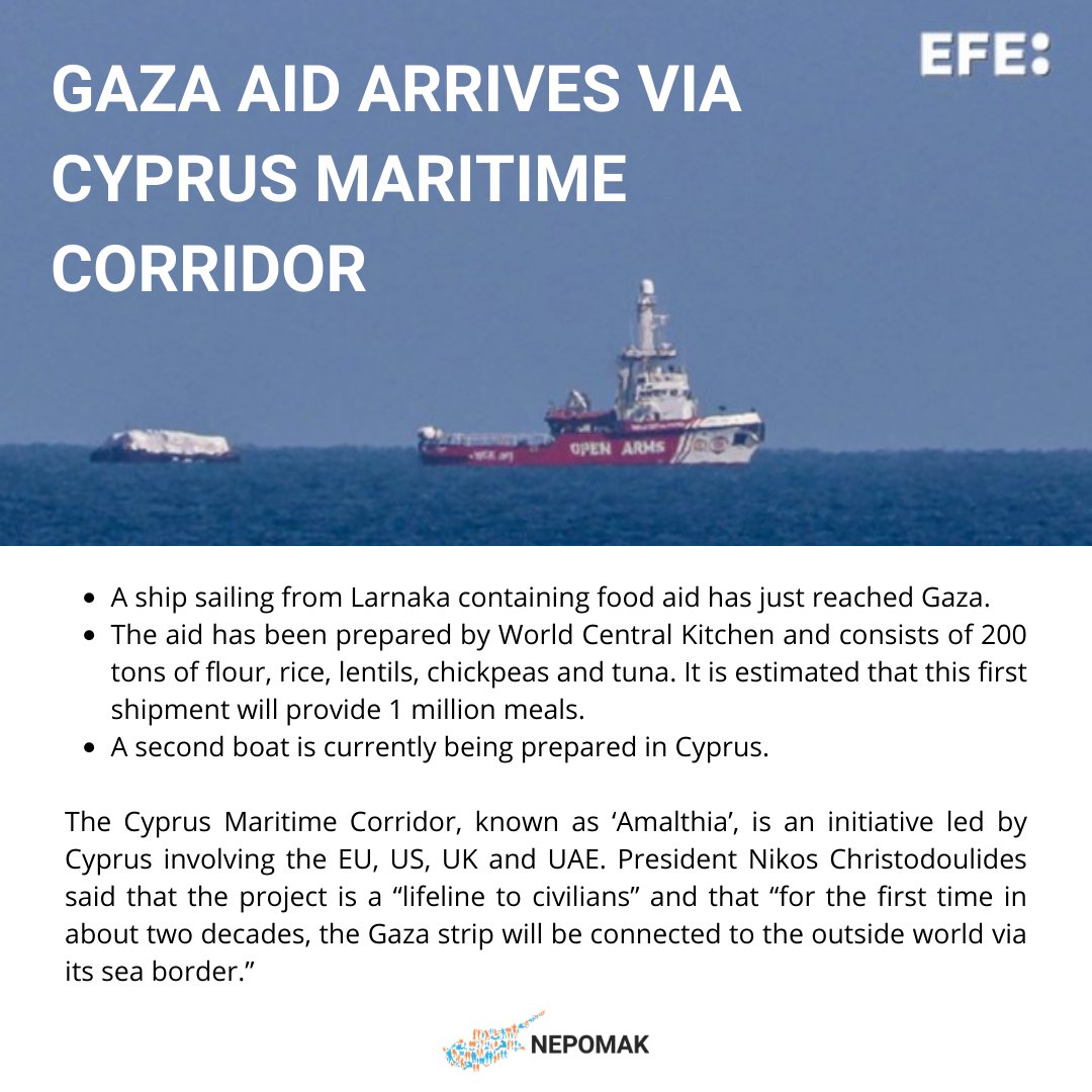 A ship with 200 tons of food aid that set sail from Larnaka earlier this week has just reached Gaza. The aid is being offloaded and a second shipment is being prepared in Cyprus. The Cyprus Maritime Corridor Initiative is led by Cyprus and involves the EU, US, UK & UAE #Amalthia