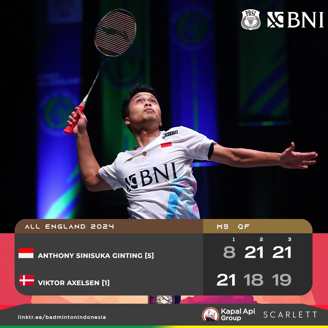 A massive win!

Kalahkan Viktor Axelsen, Ginting melaju ke babak SF!

#AllEngland2024 <a href="/BNI/">PT Bank Negara Indonesia (Persero) Tbk.</a> #BNIGlobalReachIndonesianPride