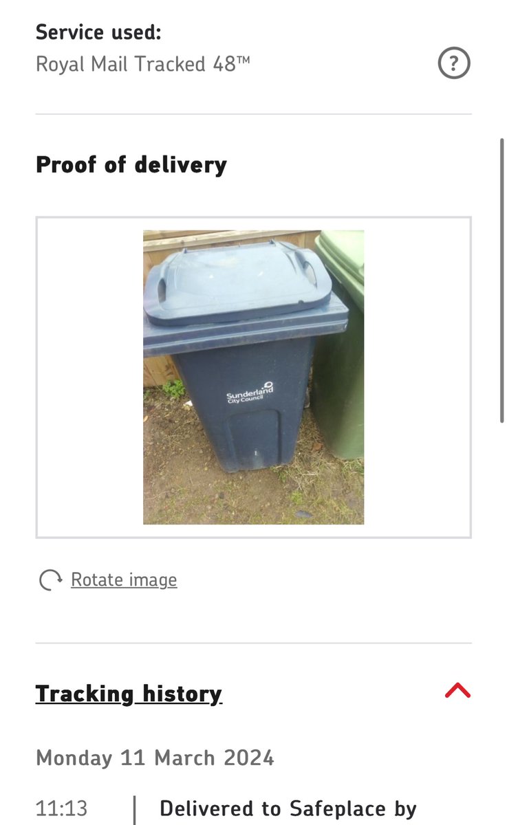Jst1992's tweet photo. What idiot at @RoyalMail thinks a safe place is a bin on bin collection day with no red card through the door is a good idea. Too lazy to walk to a neighbours house?! 

Absolute mong. https://t.co/sR2bGMr74f