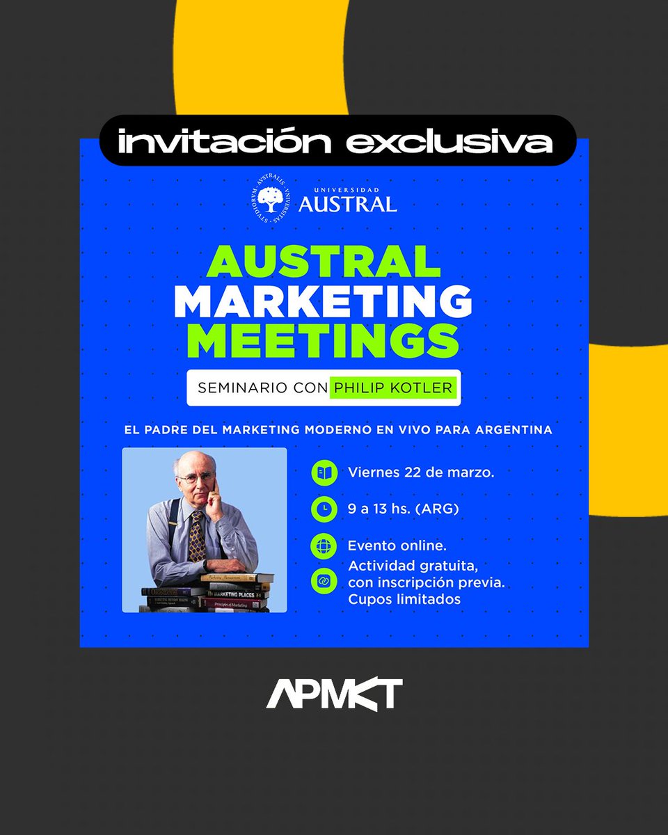 KOTLER EN VIVO ¡Y GRATIS!
😮 No podemos decir más... porque ya lo dijimos todo.

Junto a la 🎓 <a href="/UnivAustral/">Universidad Austral</a> te invitamos a un evento online histórico. #Kotler brindará un seminario y vos tenés que estar ahí.

Inscribite 👇
austral.edu.ar/austral-market…
🗓️ Viernes, 22/3
🕚 09 hs. ARG